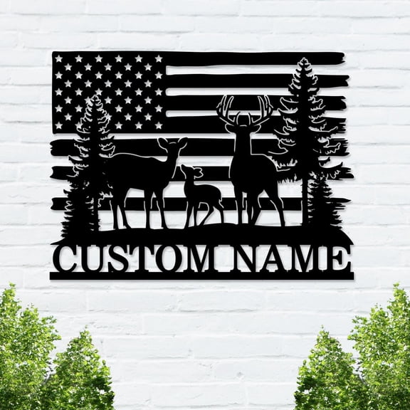 Personalized Deer Family Name Metal Sign With American Flag Design, Custom Forest Hunting Wall Art for Home Decor