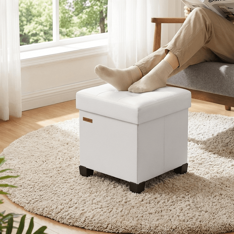 LEDREM 15-Inch Cube Storage Ottoman, 660 lb Capacity Foldable Footrest with 10 Gallon Storage, Synthetic Leather, Cloud White