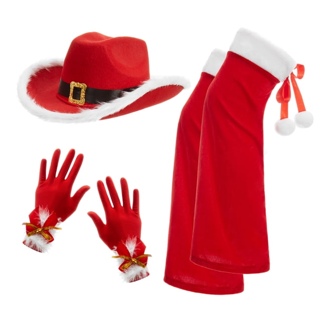 Gupgi Ensemble de 3 Pcs Fournitures de Cosplay de Noël pour Femmes, Gants Rouges + Chapeau de Vache + Chauffe-Jambes