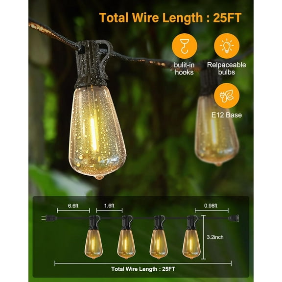 PYYAN-Outdoor String Lights Waterproof, 25 Feet Patio Lights with 13 ST38 Edison Bulbs(1 Sqare), Hanging Lights with Plug in Cord for Porch, Blacony, Backyard, Bistro, Garden, 2700K