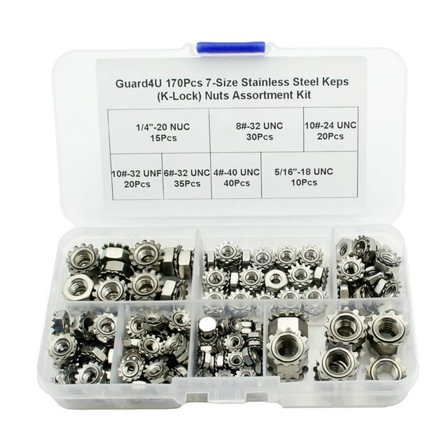 Guard4U Kit Surtido De Tuercas Keps (K-Lock) De Acero Inoxidable De 7 Tamaños, 170 Piezas; #4-40#6-32#8-32#10-32#10-24 1/4""-20 5/16""-18