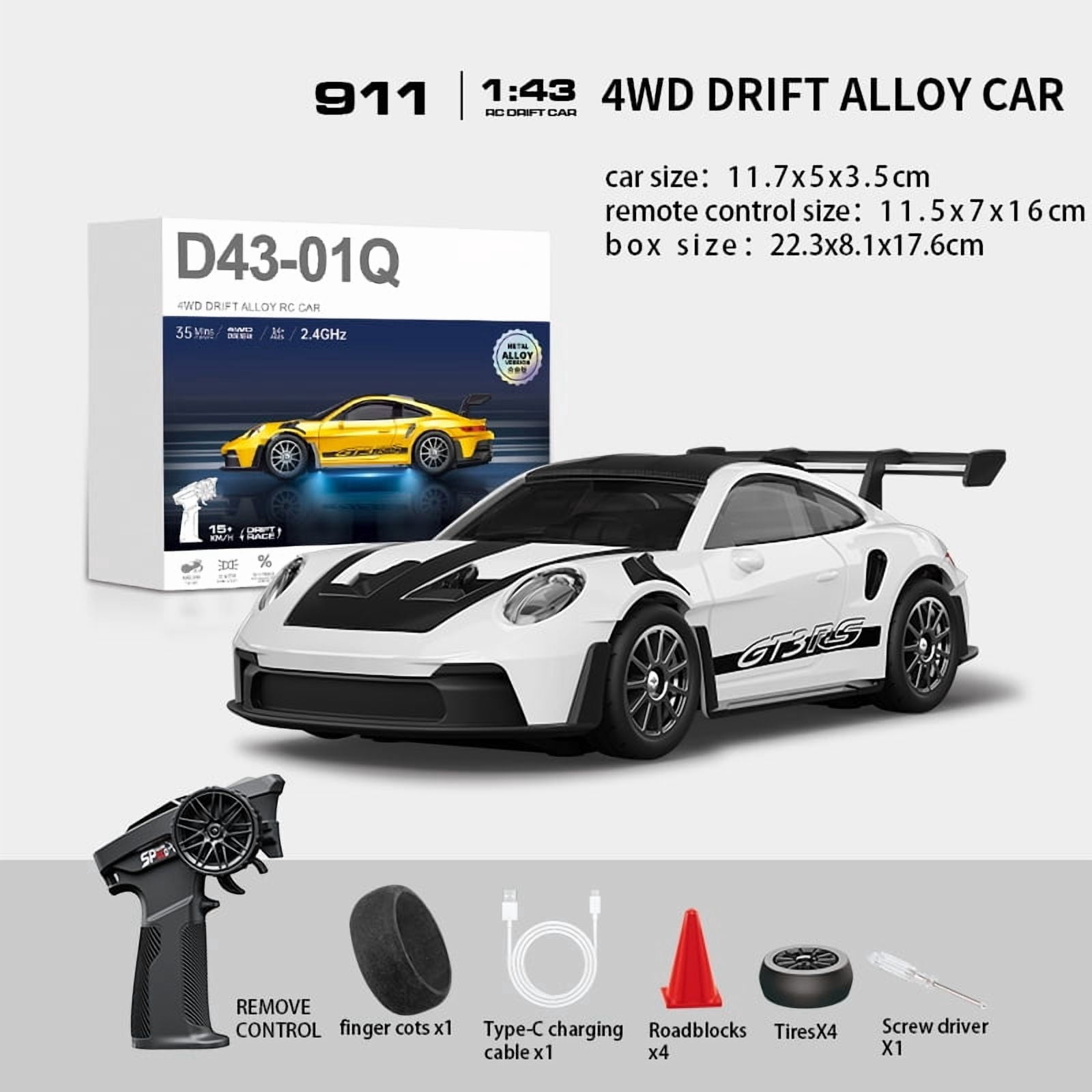 D43-01 1:43 Scale 2.4G Full Proportional 4WD RC Drift Car with Gyro High Speed Alloy Chassis Silent Bearings Adjustable LED Lighting Remote Control Race Car
