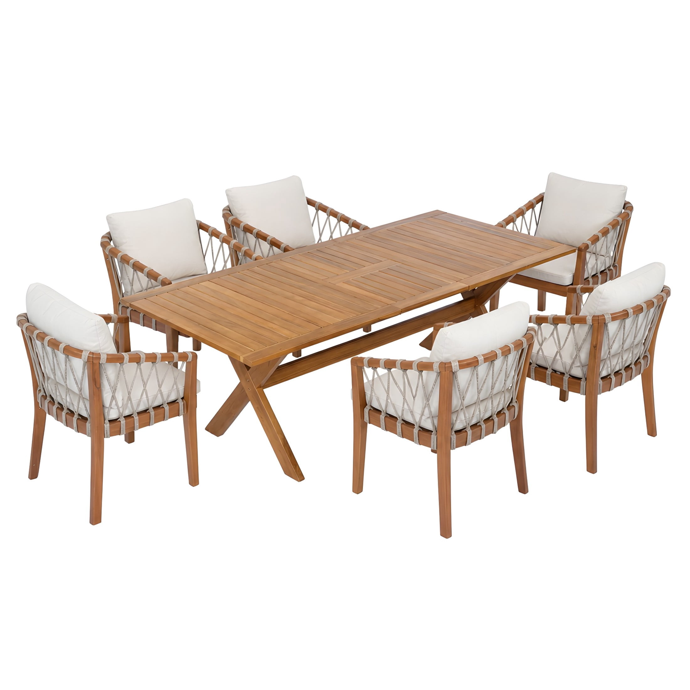 Christopher Knight Home 7-Piece Outdoor Wood Dining Set, Extendable Table with Rope Chairs, Teak+Beige