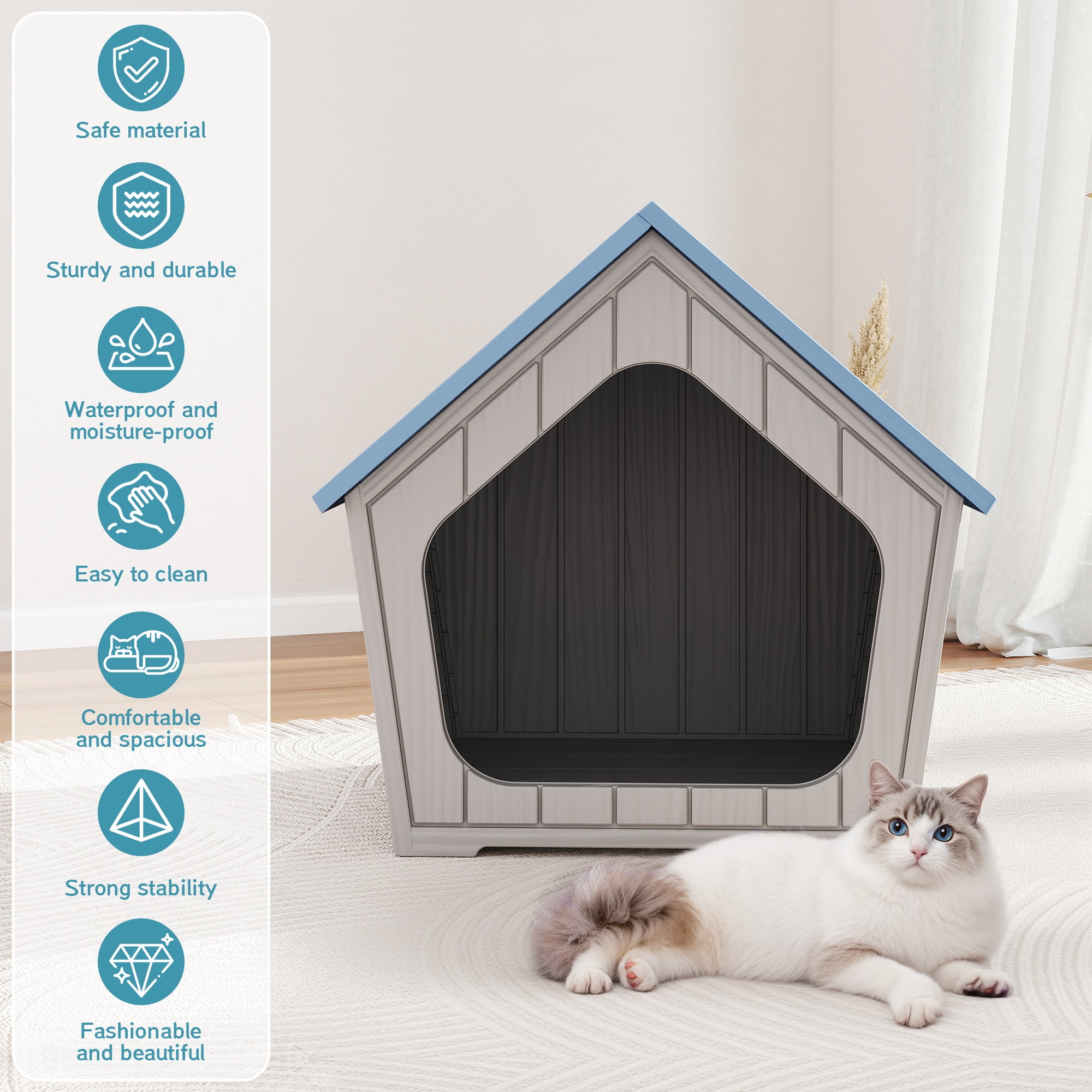 LHBcraft Outdoor Cat House,Weatherproof Resin Cat Shelter for Stray & Feral Cats,Durable All-Season Pet House for Indoor & Outdoor,Blue