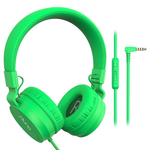 Puro Sound Labs PuroBasic Auriculares con cable con limitación de volumen para niños, diadema plegable y ajustable con micrófono, compatibles con teléfonos inteligentes, tabletas y PC, color verde