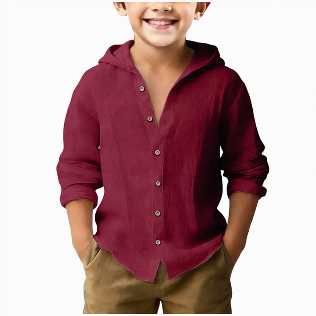Splozh Chemise Boutonnée Garçon Été Basique Décontractée à Manches Longues Chandails Garçon Chemise Boutonnée Garçon Chemise à Col, Rouge Brique, 8-9 Ans
