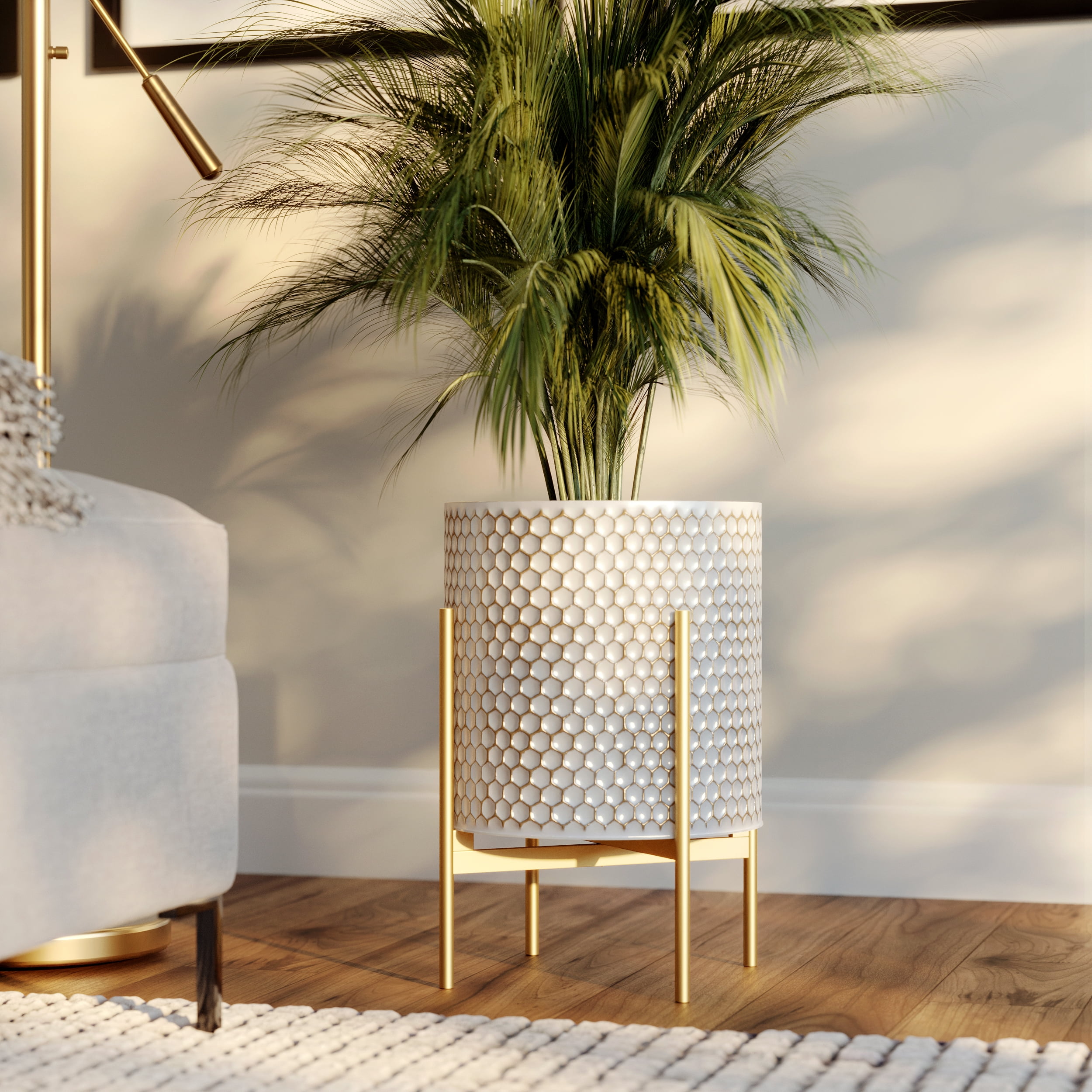 Honeycomb Mid-Century Modern Indoor Metal Pot Planter with 4-Leg Gold Metal Base - 18" H x 13.75" W