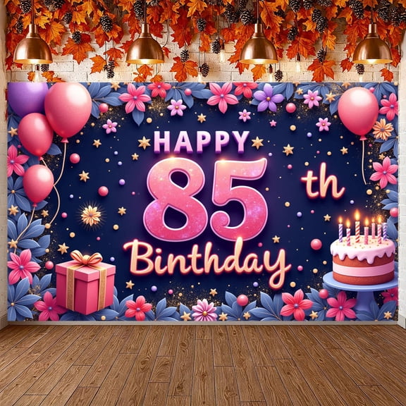 Pink Glitter Happy 85th Birthday Banner Gold Stars 85th Birthday Display Floral Decor Balloon Design Birthday Backdrop for 85th Birthday Party Senior Celebration Indoor Party