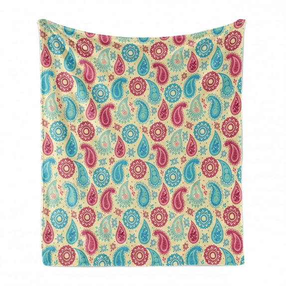 Paisley Soft Flannel Fleece Throw Blanket, Retro Style Patterns and Flowers in Design Detailed Print, Cozy Plush for Indoor and Outdoor Use, 70" x 90", Turquoise Pink Cream, by Ambesonne