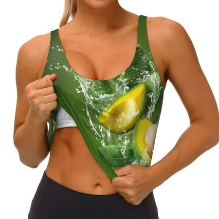Qokaie Friut Avocado Pattern Womens Scoop Neck Sports Bra Breathable Workout Vest Padded U Back Medium Impact Fitness Gym Yoga Bra Workout Crop Top