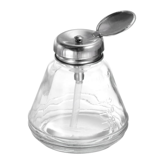 Uxcell 6Oz/180ML Glass Pump Dispenser Bottle Liquid Pumping Press Push Down Alcohol Container with Metal Flip Cover