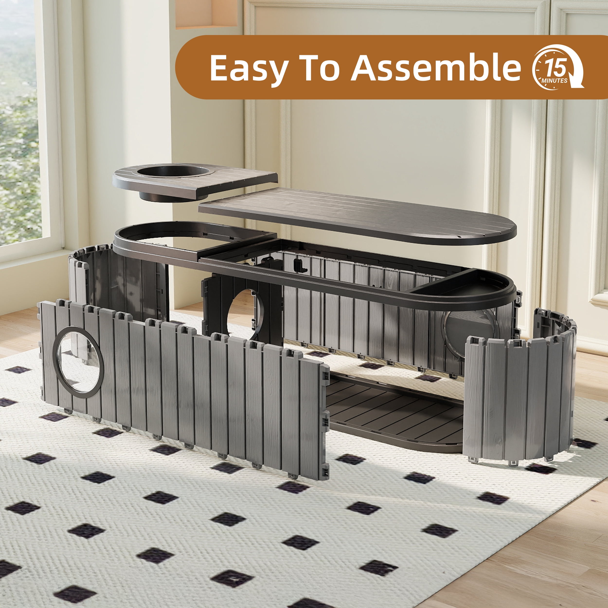 EasyUp Cat Litter Box Enclosure Resin Hidden Litter Box Furniture with Odor Control Vented Space-Saving Design Litter Box Enclosure for Indoor Outdoor Use(Black&Grey,63.11"*17.8"*17.13")