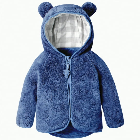 CAICJ98 Baby Toddler Boys Girls Fleece Jacket with Hood Zip Up Cute Bear Coats for Newborn Boys Girls Fuzzy Winter Jacket with Ear (Navy,18-24 Months)