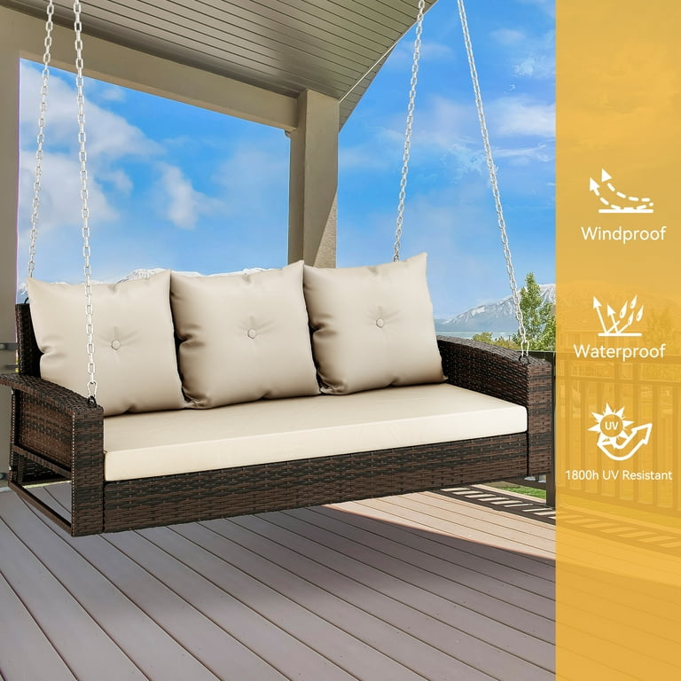 Dextrus 3-Seats Outdoor Wicker Porch Swing Chair with Gray Rattan