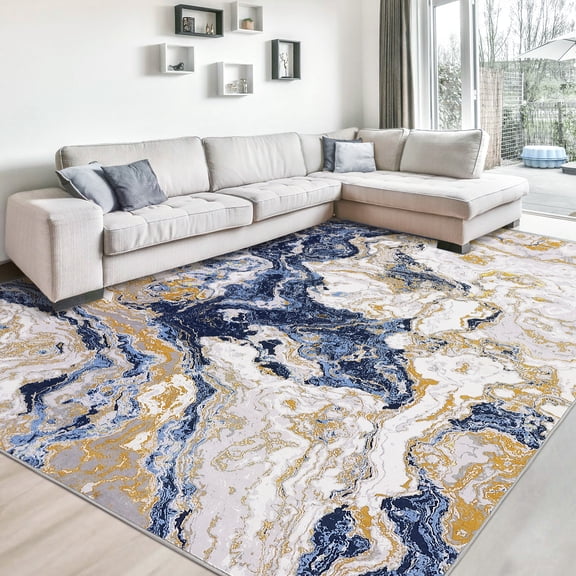 Abstract Rug Washable Modern Marble Area Rug for Living Room Bedroom, 5X7 ft Non Slip Soft Indoor Floor Carpet for Laundry Room Playroom Dining Room, Blue