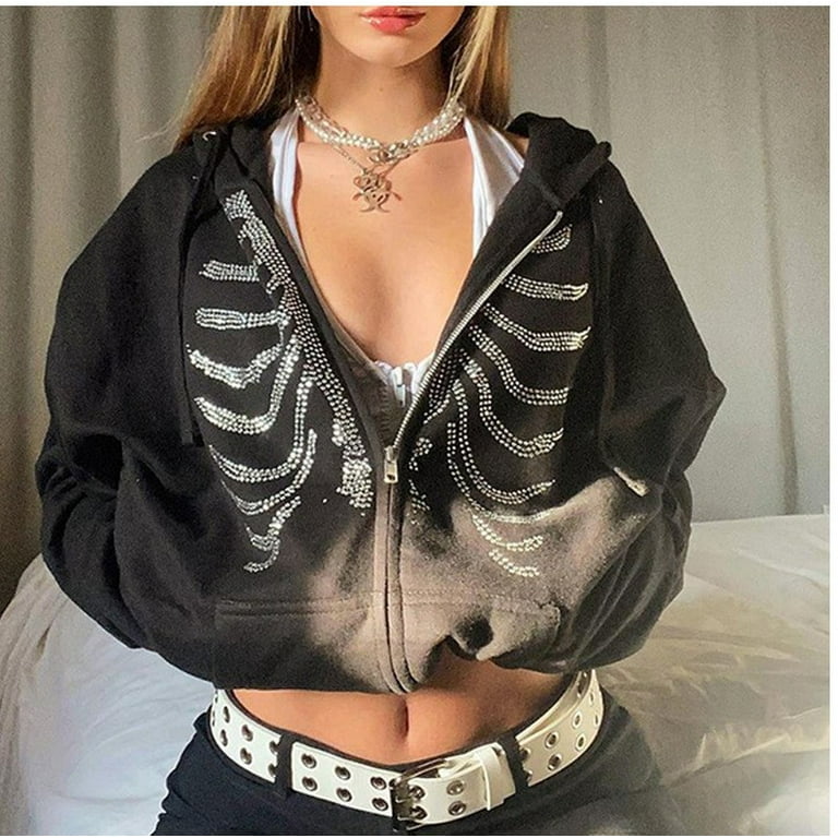 YIWEI Women Rhinestone Skeleton Cross Printed Hoodie Zip Up Sweatshirt Black M