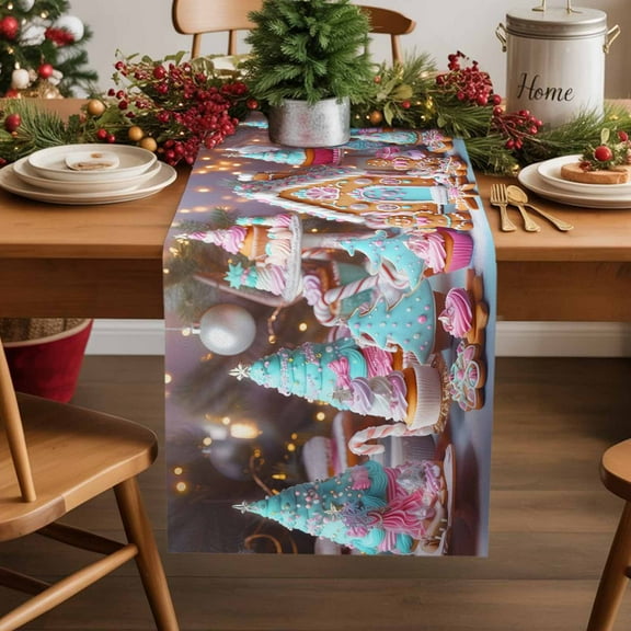 Burlap Table Runner 36 Inches Long,White Christmas Tree Candy House Non-Slip Kitchen Table Runners for Dining Room Everyday Use Party Table Decorations Winter Merry Xmas Ball