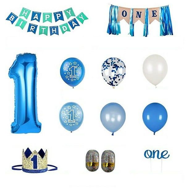 Primer cumpleaños del bebé, globos azules estampados, primer feliz cumpleaños del bebé, set de artículos para fiestas, set de artículos de decoración para fiestas de cumpleaños.