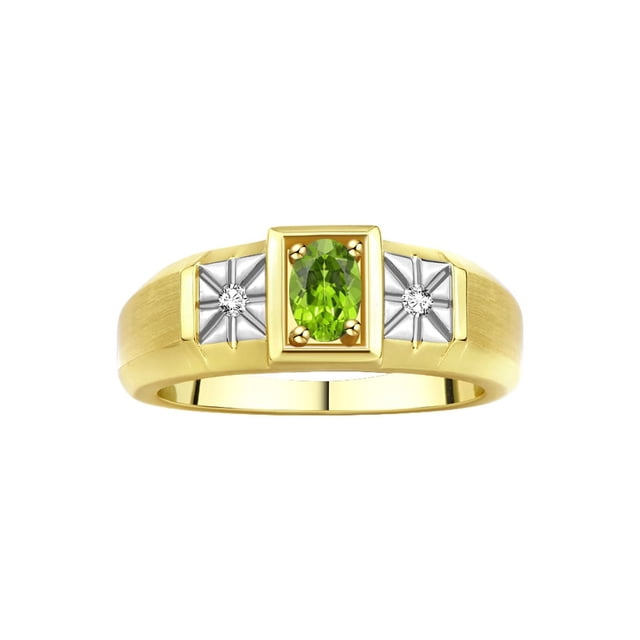 RYLOS Men's Rings Yellow Gold Plated Silver Classic 6X4MM Oval Gemstone & Diamond Ring Peridot August Birthstone Rings For Men, Silver Rings, Size 11