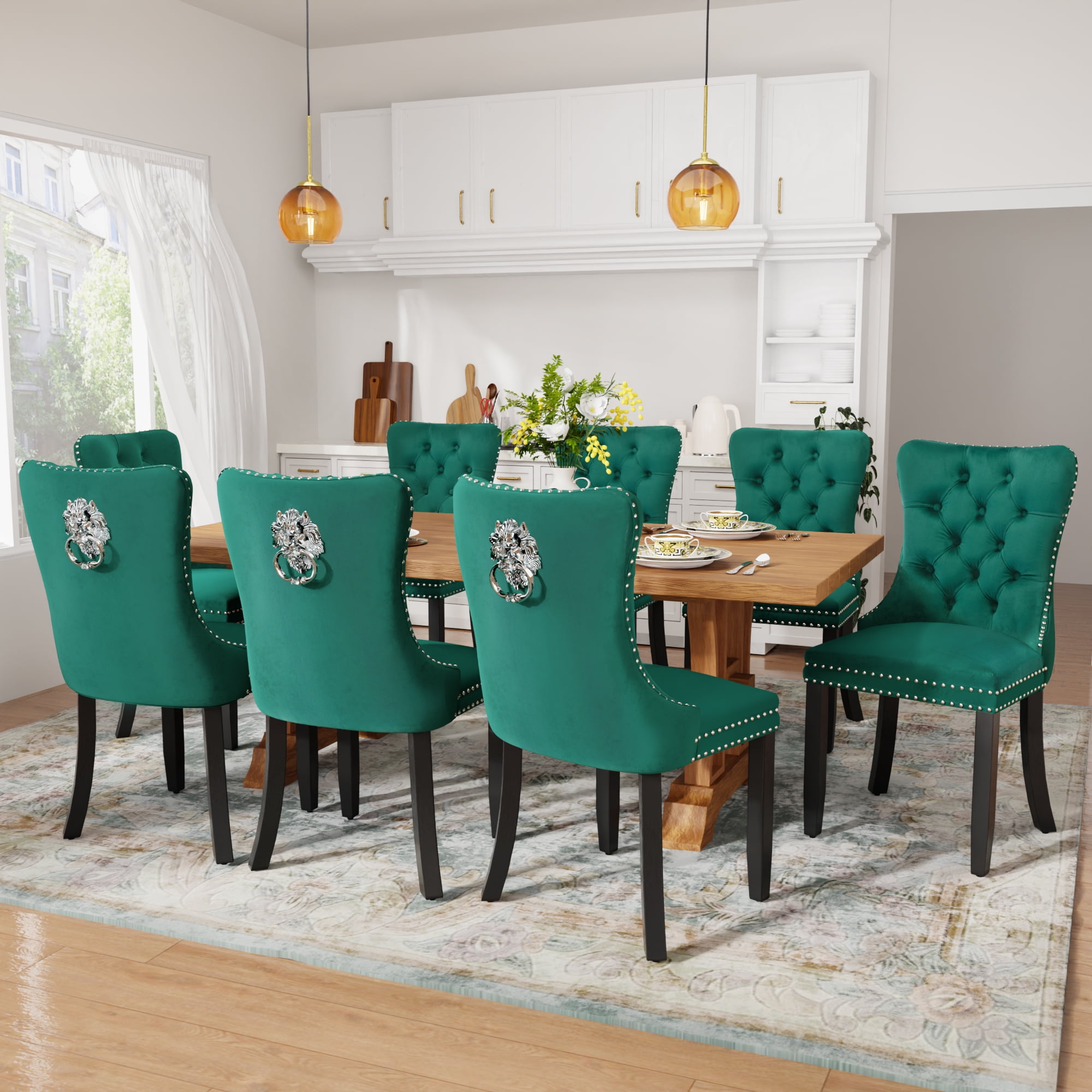 DONICK Velvet Upholstered Dining Chairs , Kitchen & Dining Room Chairs, Nailheads Tufted, Soft, Solid Wood Frame (Green, Set of 4)