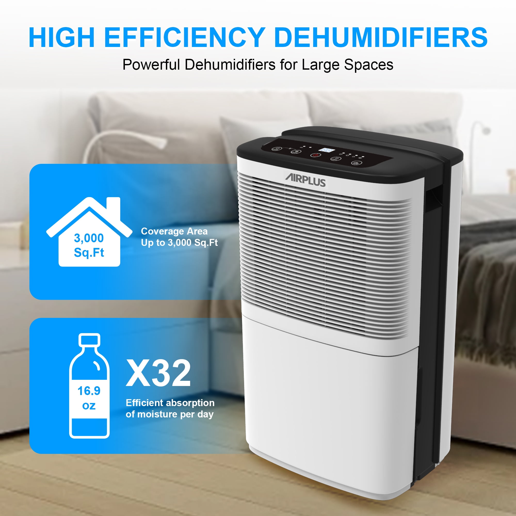 AIRPLUS 50 Pint Dehumidifier for Basements up to 3500 Sq. Ft, Dehumidifier with Drain Hose, 24Hr Timer, Auto Drainage, DOE 9.69 Pint, White