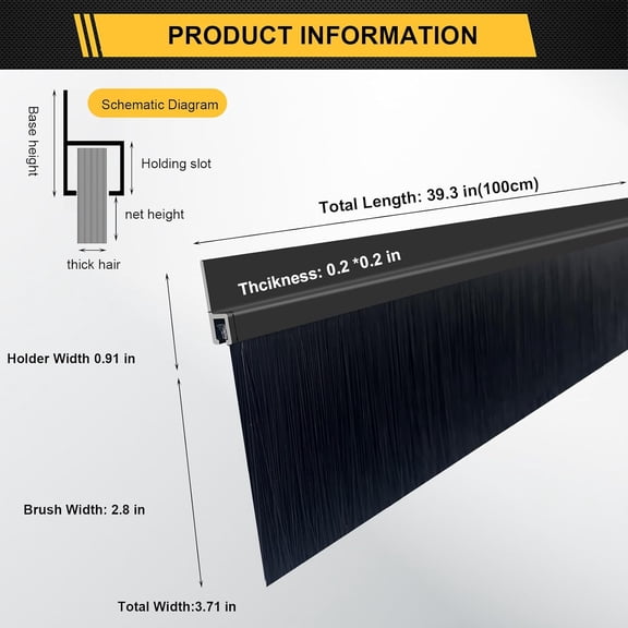 4-Pack Garage Door Brush Seal – Black Bottom Sweep – Roll-Up Door Stripping, 2.80" Wide x 39.3" Long, Aluminum Alloy Base, Ideal for Exterior Doors and Industrial Use (157.5 in / 400 cm)
