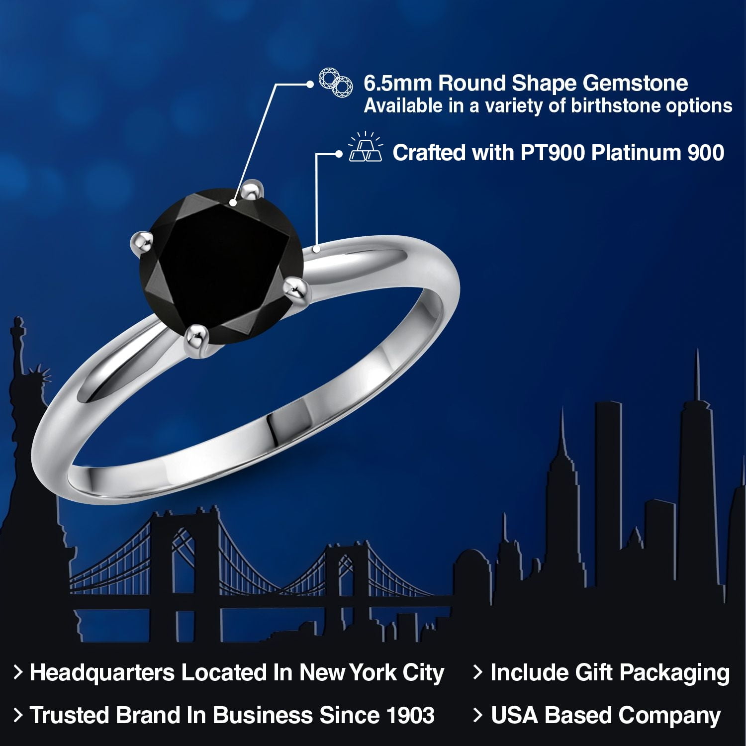 Gem Stone King 900 Platinum Black Diamond Solitaire Engagement Ring for Women | 1.10 Cttw | Round 6.5MM | Gemstone April Birthstone | Size 7