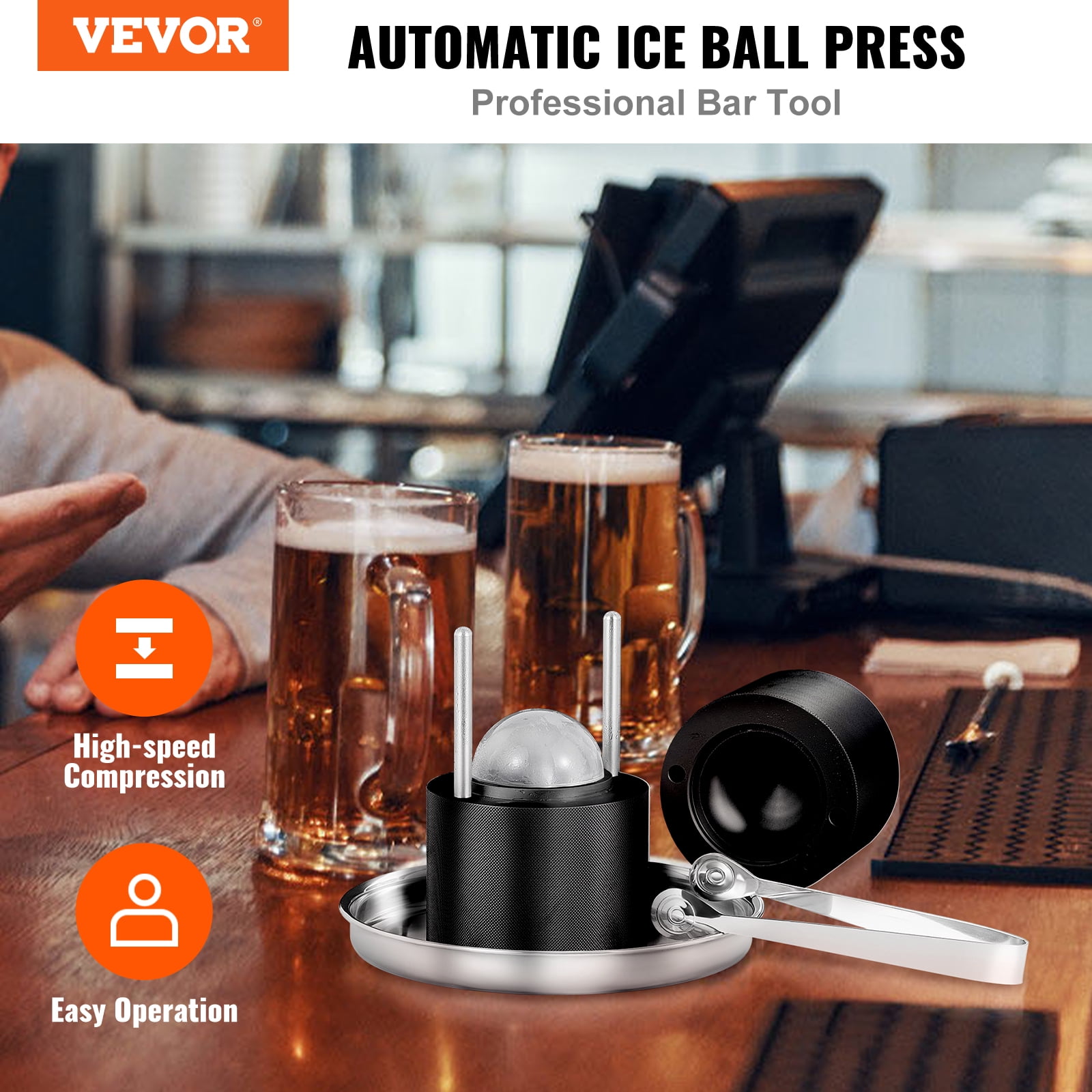 VEVOR Ice Ball Press, 2.4" Ice Ball Maker, Aircraft Al Alloy Ice Ball Press Kit for 60mm Ice Sphere, Ice Press with Tong and Drip Tray, for Whiskey, Cocktail, Scot on Party & Holiday, Black