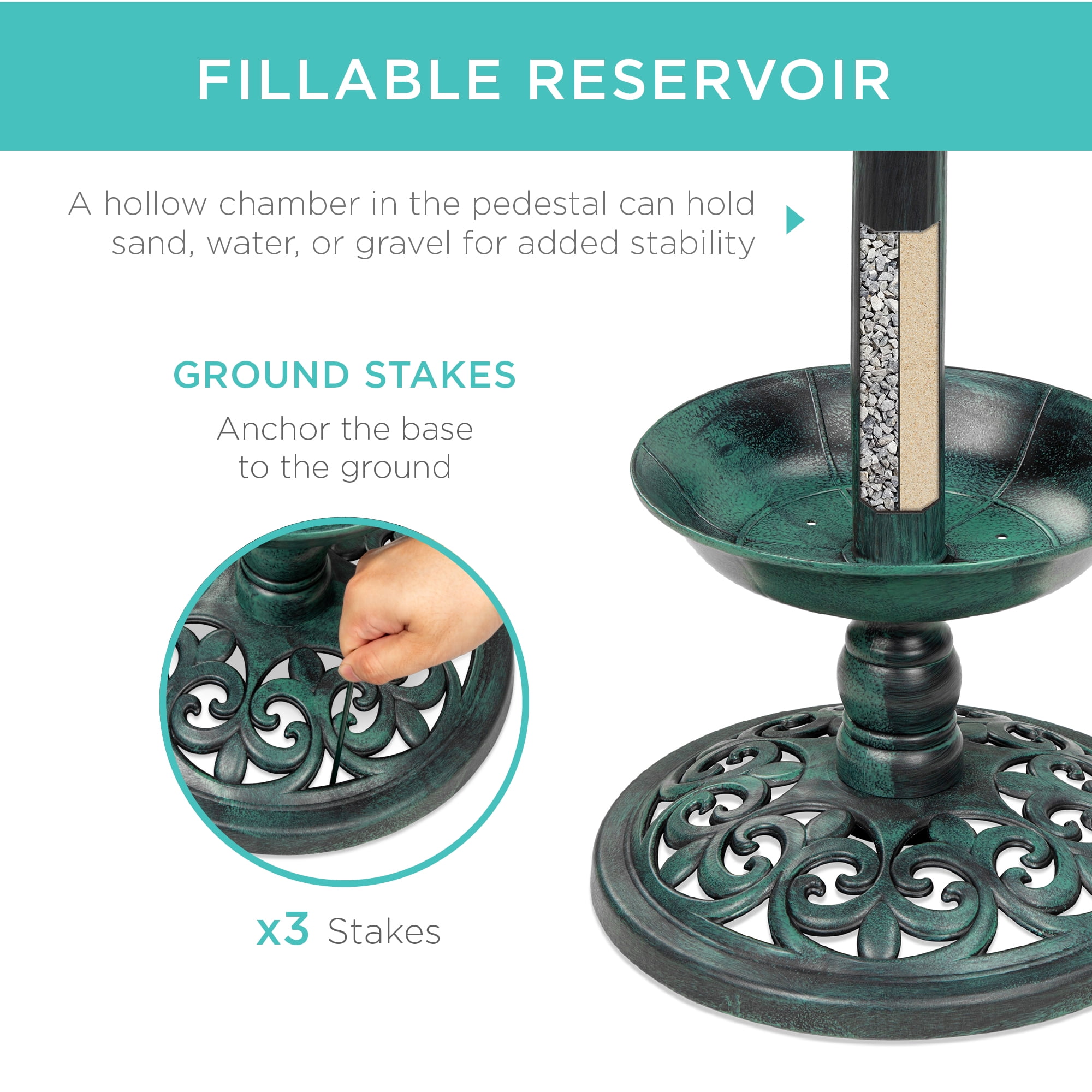 Best Choice Products Solar Lighted Pedestal Bird Bath w/ Planter, Integrated Panel - Green