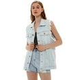 thumbnail image 4 of Womens Oversized Sleeveless Distressed Denim Vest Pockets Jean Jacket, Light Denim, Small, 4 of 5