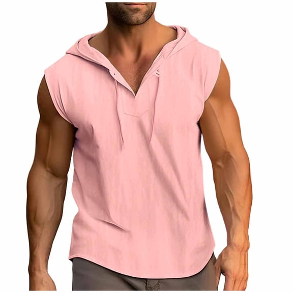 hotojiny Linen Shirts for Men Lightweight Sleeveless Shirts with Hood Loose Fit Breathable Boho Beach Cotton Linen Hoodie S-3XL