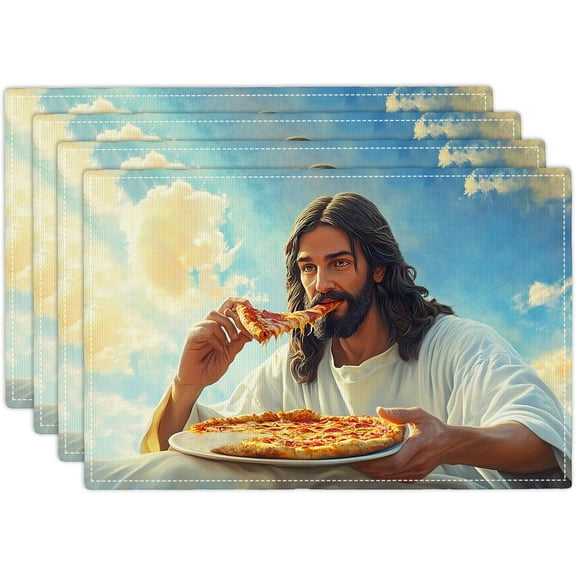 Jesus Eats Pizza Placemats Set of 4 Funny God Table Mats Christian Place Mats Decor Imitation Linen Heat Resistant Tablecloth for Dining Decoration Kitchen Party Restaurants 12''x18''