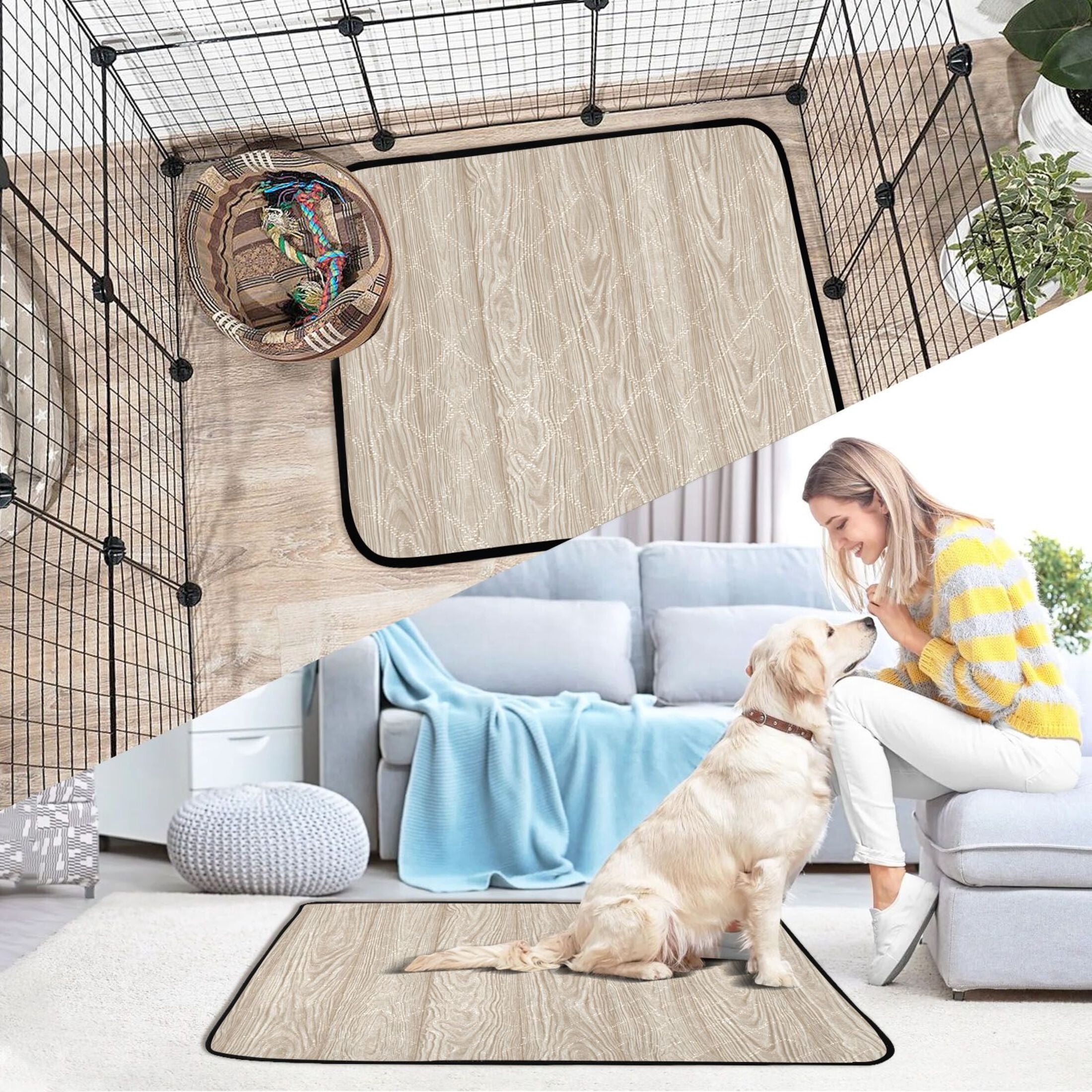 Washable Pet Pee Pads Soft Plush Absorbent Mat Non-Slip Floor Protector for for Dogs & Cats Beige Wood Grain Pattern