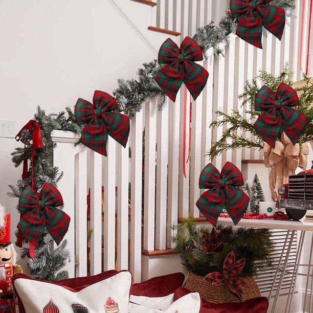 Adorno Navideño de Tela con Lazo a Cuadros Verdes de 47 X 35 Cm | Adorno Colgante Extragrande para Ventana | Decoración Duradera para Árbol de Navidad | Regalo Festivo para Casa, Bodas y Fiestas