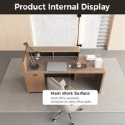 71 L-Shaped Reception Desk with Counter — Front Desk Reception Counter with Lockable Drawer, Storage Cabinet & Cable Grommet for Office, Lobby, Checkout (Walnut & Stone Gray)