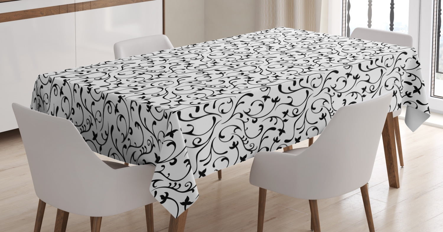 Black and White Tablecloth, Spring Themed Garden Pattern Monochrome ...