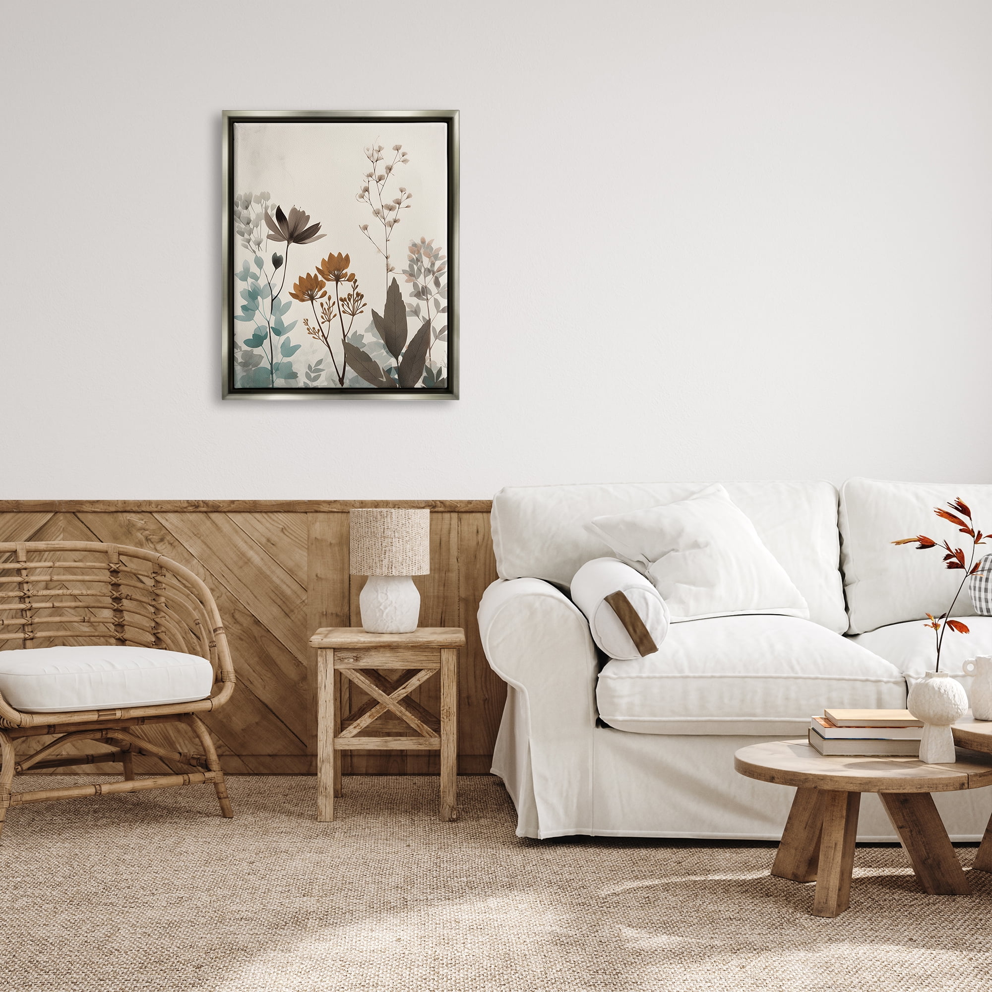 Stupell Industries Soft Beige Botanicals Botanical & Floral Painting Gray Floater Framed Canvas Art Print Wall Art, 25 x 31
