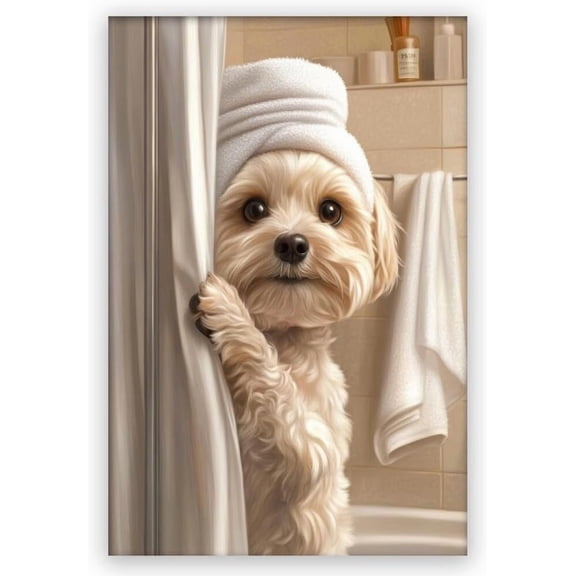 Aaheei Bathroom Wall Art Funny Maltipoo In Shower Humor Animal Poster Picture Canvas Print Bathroom Decor For Dog Lovers