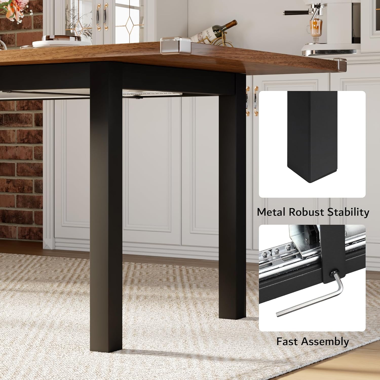 iPormis 63" Extendable Dining Table for 4-8, Square Wooden Dining Room Table with Metal Base, Modern Extendable Table for  Small Kitchens, Dining Office Areas, Walnut