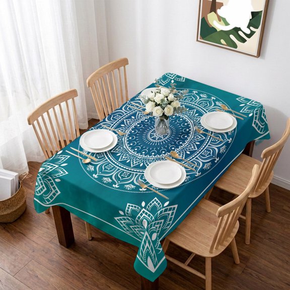 Teal Blue Boho Table Cloth Waterproof Tablecloths, Retro White Rustic Flower Ethnic Pattern Tablecloth Dining Table Cover for Kitchen Party Tabletop Outdoor, Rectangle Tablecloth 60x102 Inch