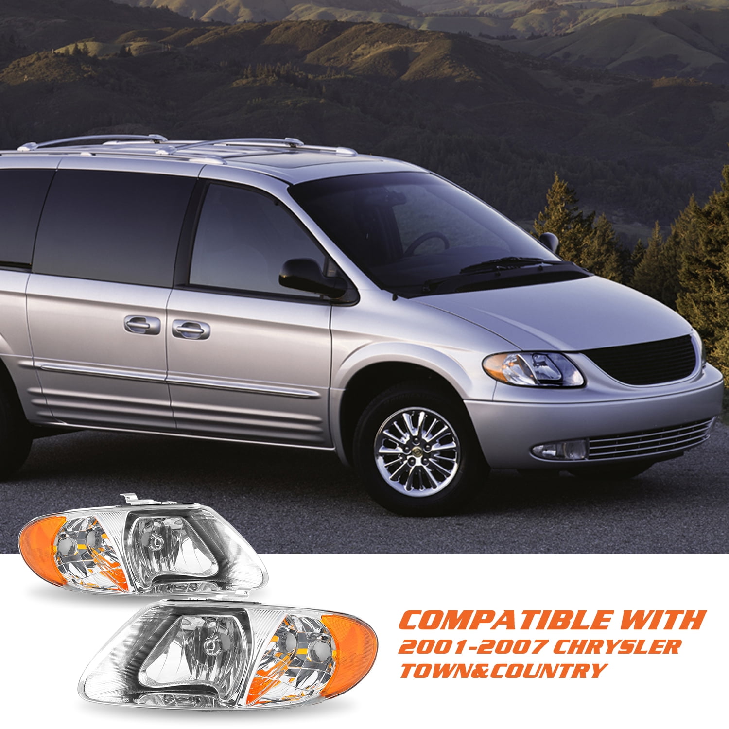 BRYGHT-For 01-07 Dodge Caravan Chrysler Town & Country Headlight Driver+Passenger 2001-2007