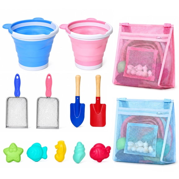 SLUMLOVE Beach Toys Set with Shark Tooth Sifter and Sand Sifter Kit, Collapsible Beach Bucket and Sandbox Toys,Beach Essentials with Mesh Bag and Sand Molds