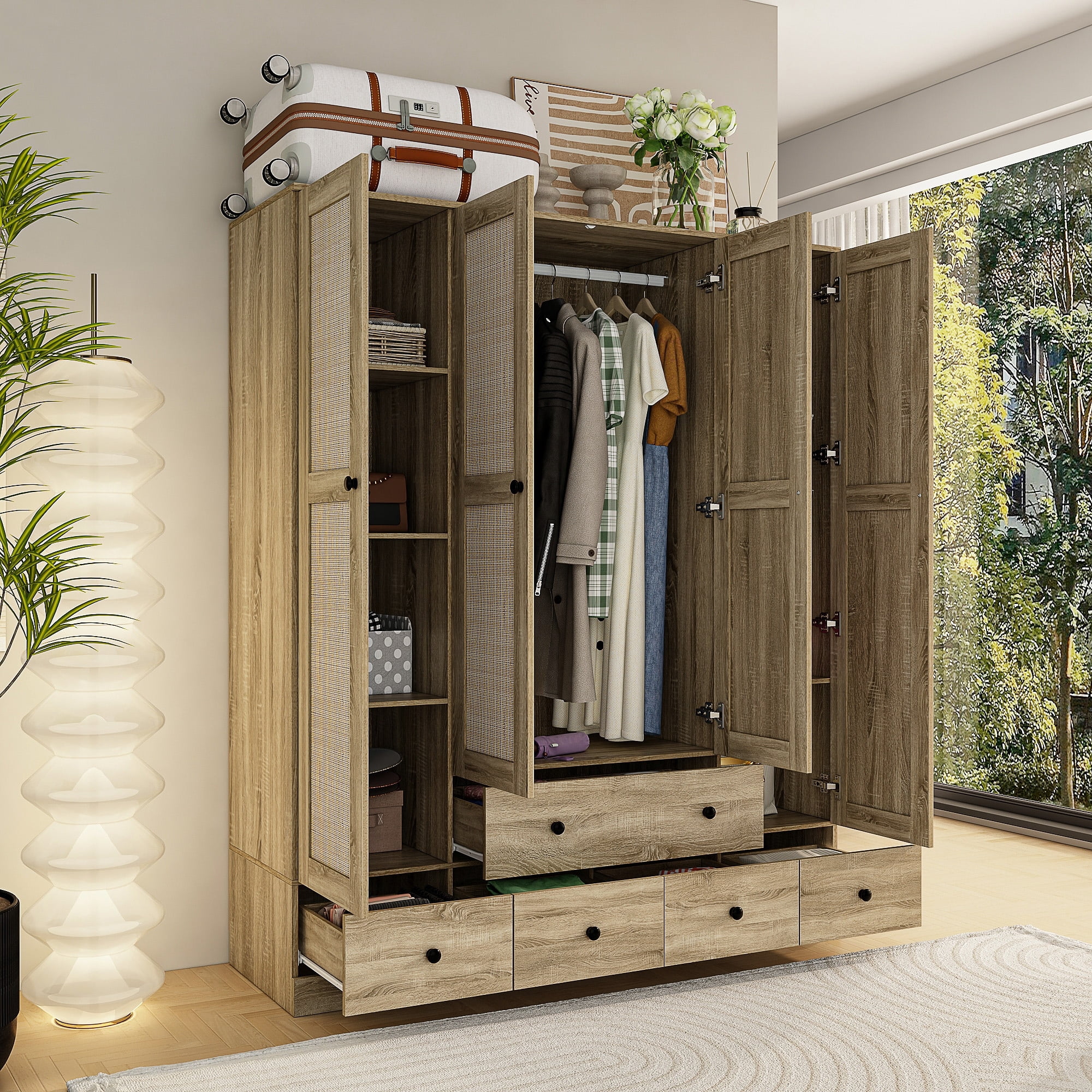 Kerrogee Modern 4-Door Wood Bedroom Armoire in White Closet Cabinet Wardrobe Wood-70.5"x59.1"