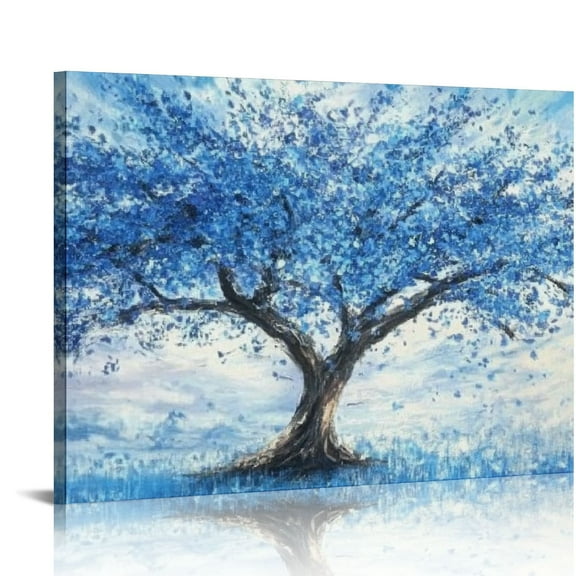 FCXZI Blue Tree of Life Wall Art Canvas Textured Painting Landscape Picture Nature Scenery Purple Grey Abstract Artwork Large  for Living Room Bedroom Bathroom Office Home Decor  16x12in