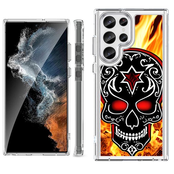 Shockproof Bumper Phone Case for Samsung Galaxy S23 Ultra 5G, by OneToughShield ® - Skull Flames
