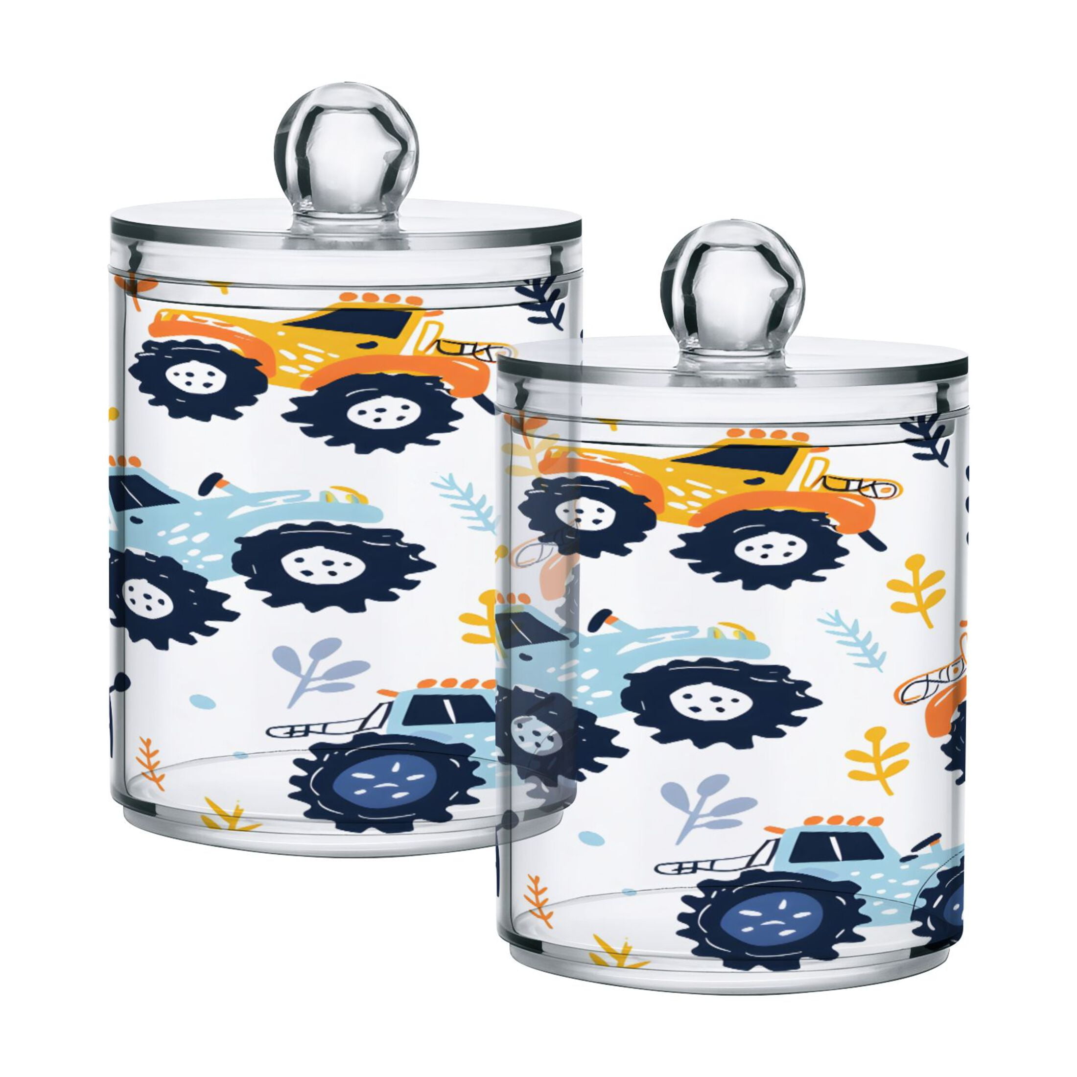 2 Pack Cartoon Monster Truck Qtip Holder Dispenser Clear Plastic
