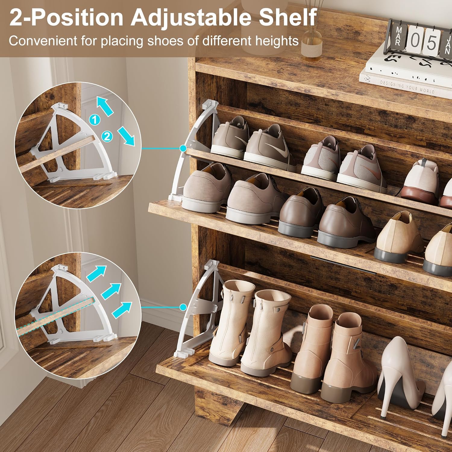 Homhougo Shoe Cabinet for Entryway, Narrow 2-Drawer Flip Shoe Storage Organizer with Adjustable Shelves and Hooks, Slim Hidden Freestanding Shoe Rack for Hallway, Foyer, Garage, 13.8” Deep