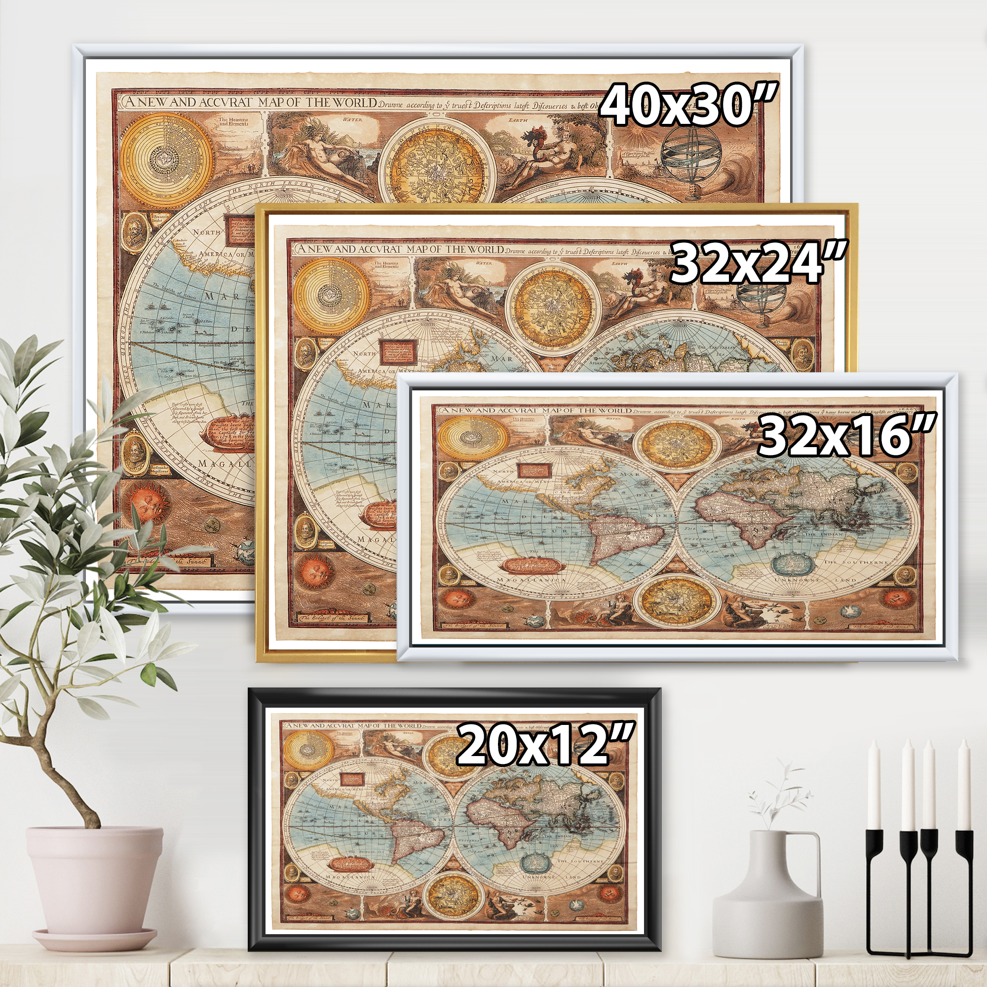 Designart 'Vintage Map of The World VIII' Vintage Framed Canvas Wall Art Print
