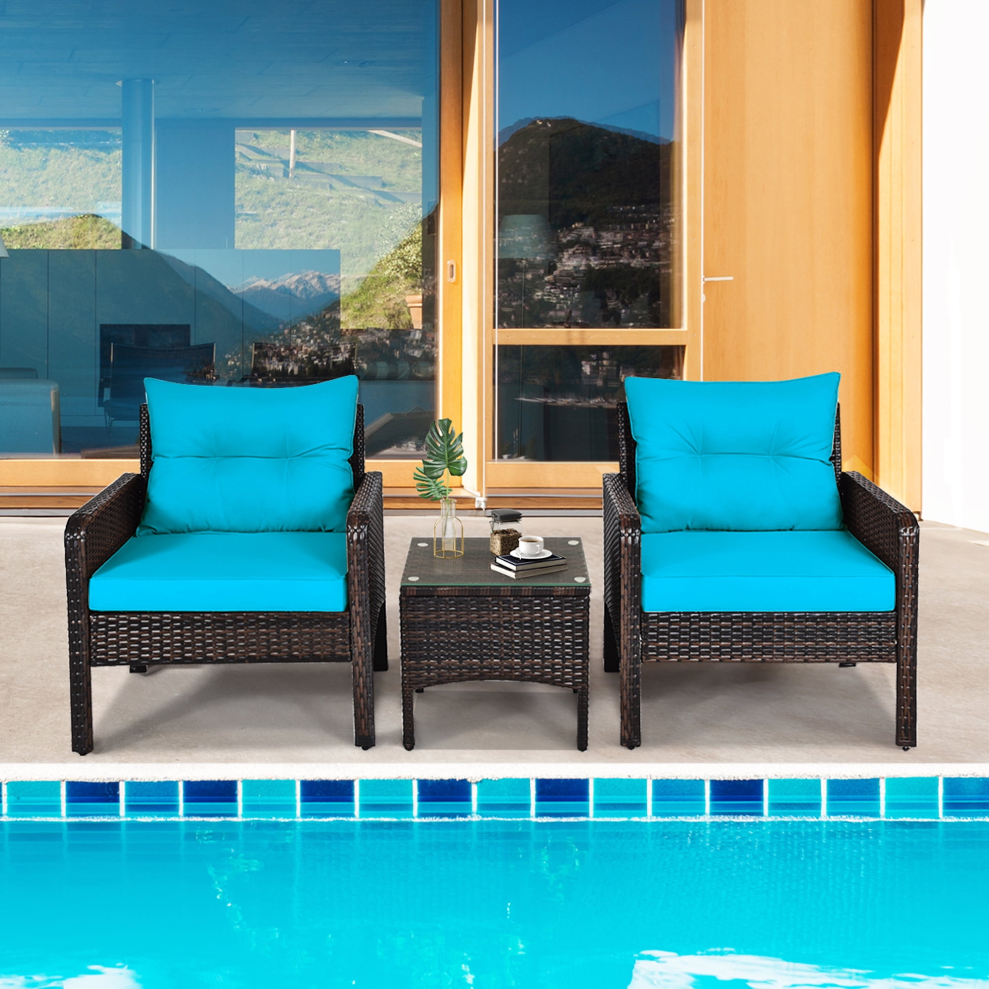 Gymax 3PCS Patio Outdoor Rattan Furniture Set w/ Coffee Table Turquoise Cushion
