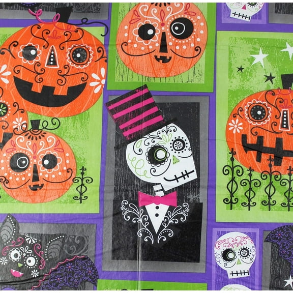 Serafina Home Seasonal Fun Halloween Vinyl Tablecloth: Colorful Sugar Skull Pumpkin Cat Family Photos Design (52" x 120" Inches)